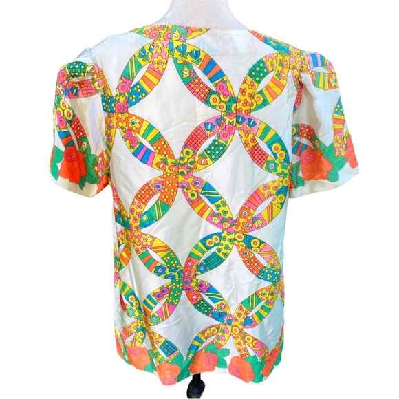 Vintage 70s Groovy Floral Satin Top Blouse Circles Bright Short Sleeve L - Picture 4 of 7